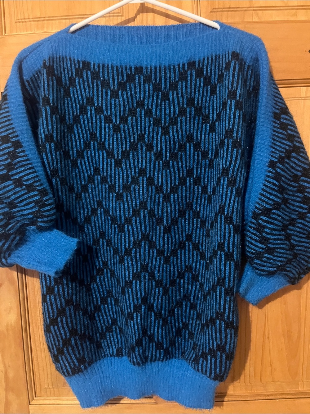 Vintage Women's Blue & Black BoatNeck -
Style Knit Sweater With 3/4 Sleeves